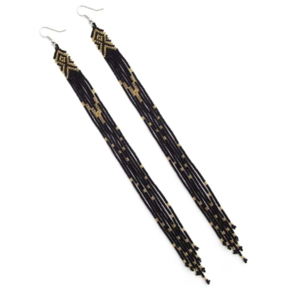 Long Black Gold Beaded Shoulder Duster Earrings Dangle Art Deco Retro Statement